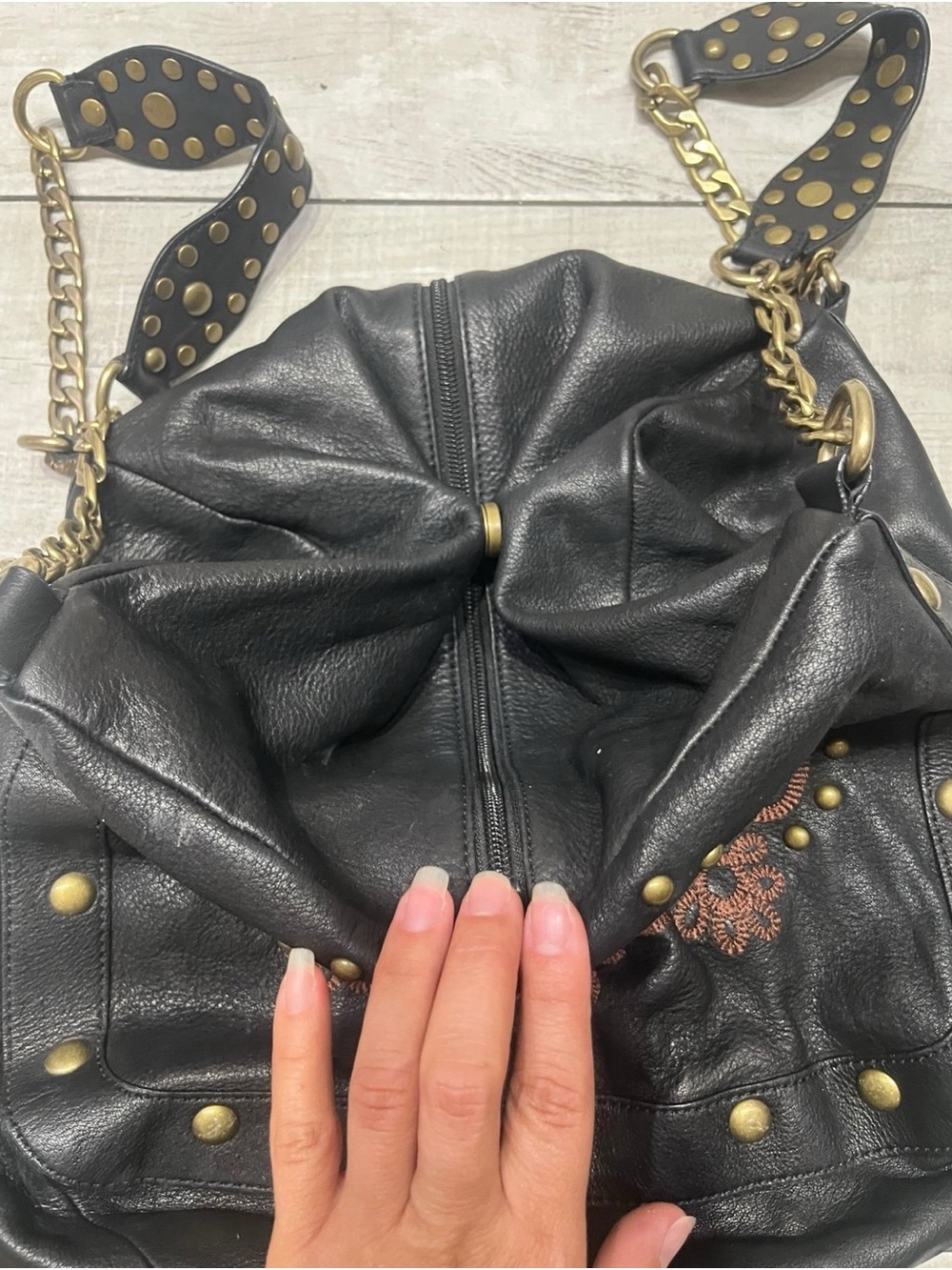 Kate Landry Black Leather Shoulder Bag with Brown Embroidered Floral Detail - Picture 3 of 6
